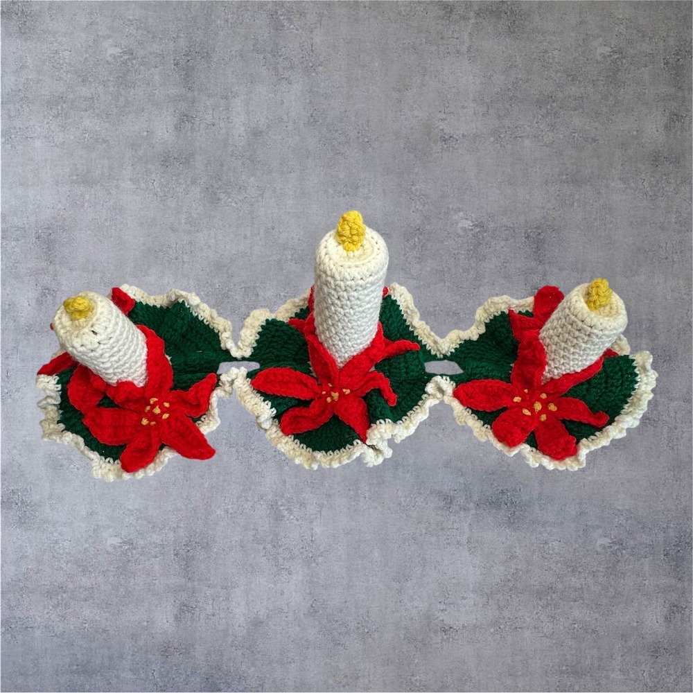 Vtg Retro Handmade Crochet Candle Centerpiece Christmas Poinsettia Holiday Decor